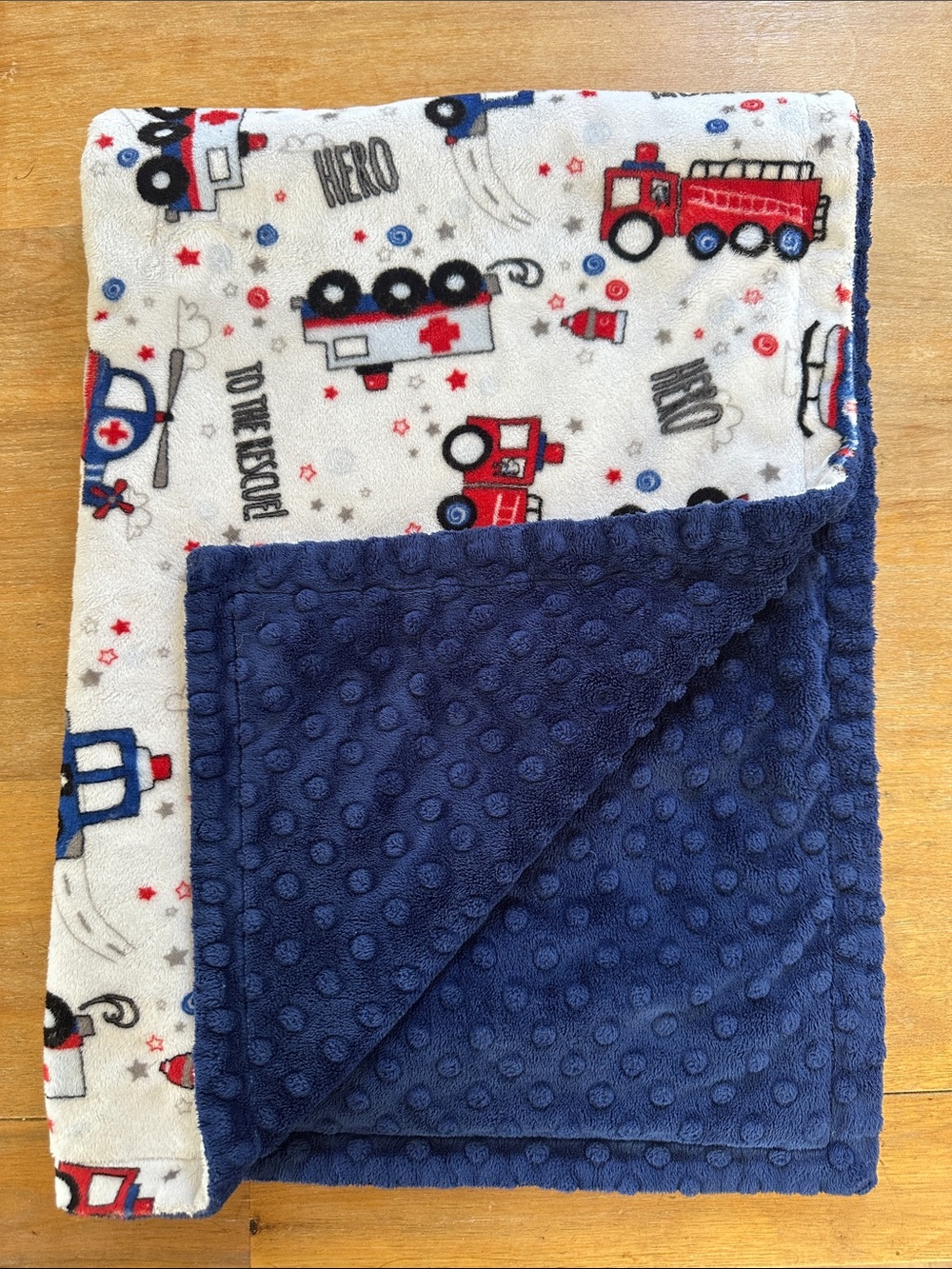 Navy Minky Dot Baby Blanket with Rescue Vehicle Print